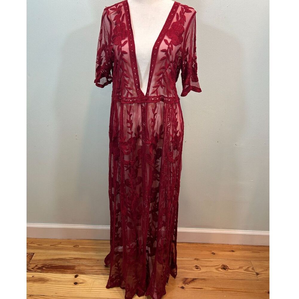 Red Lace Gothic Romantic Sheer Lace Maxi pullover Cover Up One Size